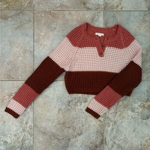 AEROPOSTALE Color Block Knit Long Sleeve Cozy Cropped Sweater Pink Red Medium